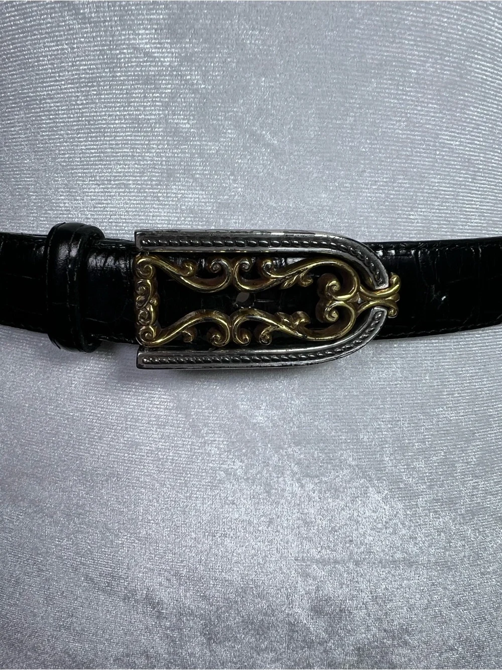 Brighton Women’s Black Croc Mixed Metals Silver & Gold Filagree Buckle Belt